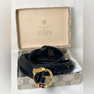Vintage GUCCI 1970s Gold G Buckle Sherry Line Braided Leather Belt Navy 80 / 32